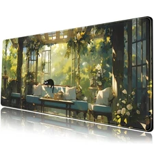 Cute Cat Desk Mat Green Plants Aesthetic Kawaii Gaming Mouse Pad - 31.5x11.8 Inc