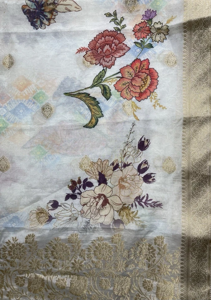 Цветочная шелковая смесь с золотой парчовой отделкой одеяло, шарф, покрывало - Изображение 2 из 4