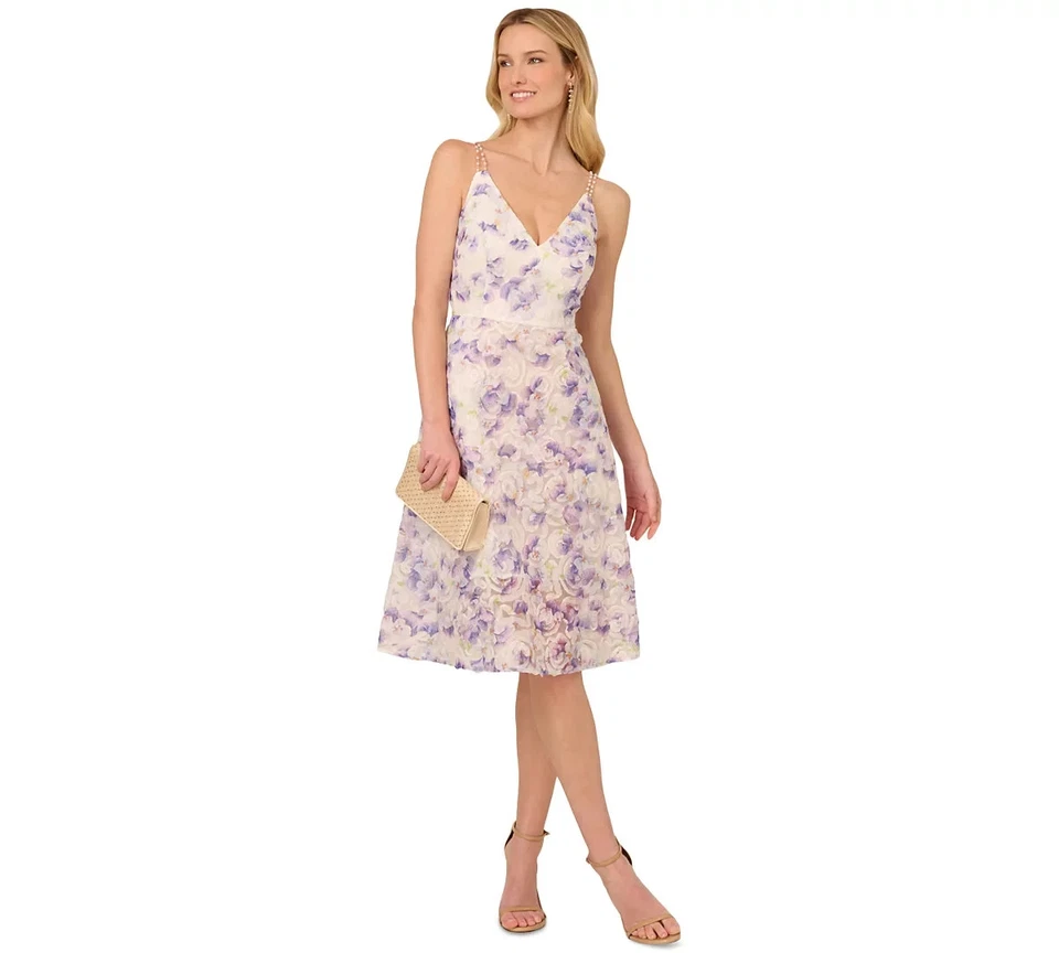 Adrianna Papell X6020 Floral Embellished-Strap A-Line Dress, Ivory Multi, US 6 - Image 3 of 4
