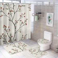 4Pcs Berry Plant Theme Shower Curtain Sets, Bath Mat and Rugs, Vintage Tree L...