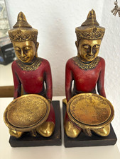 2 Thai Dienerfiguren mit Schale Gold Rot   as...