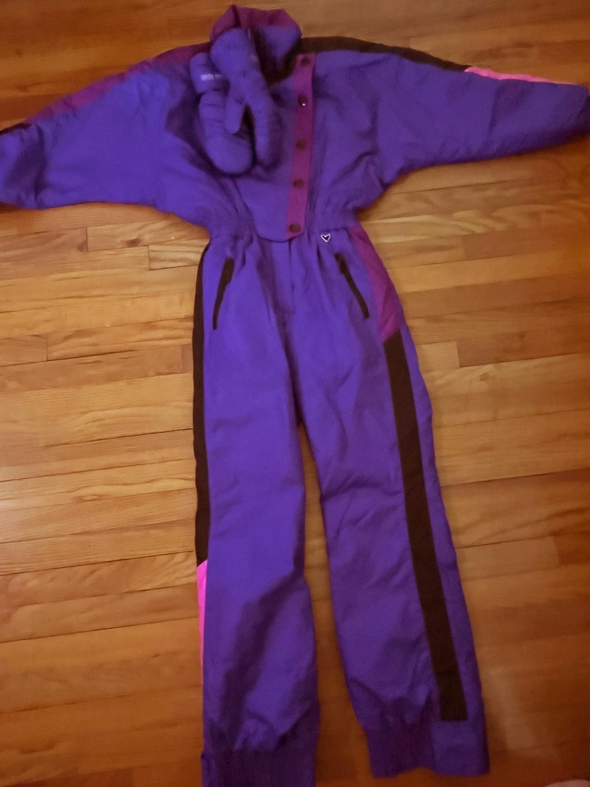 Vintage Obermeyer Brushstroke Purple Coverall Ski Snow Suit & M Mittens Women 8