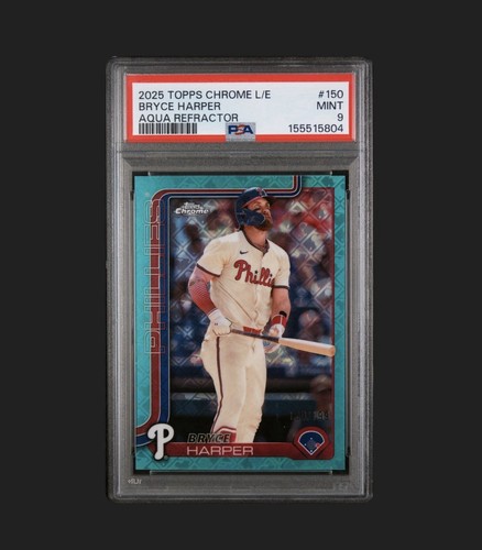 2025 Topps Chrome Logofractor #150 Bryce Harper Aqua Refractor /199 PSA 9
