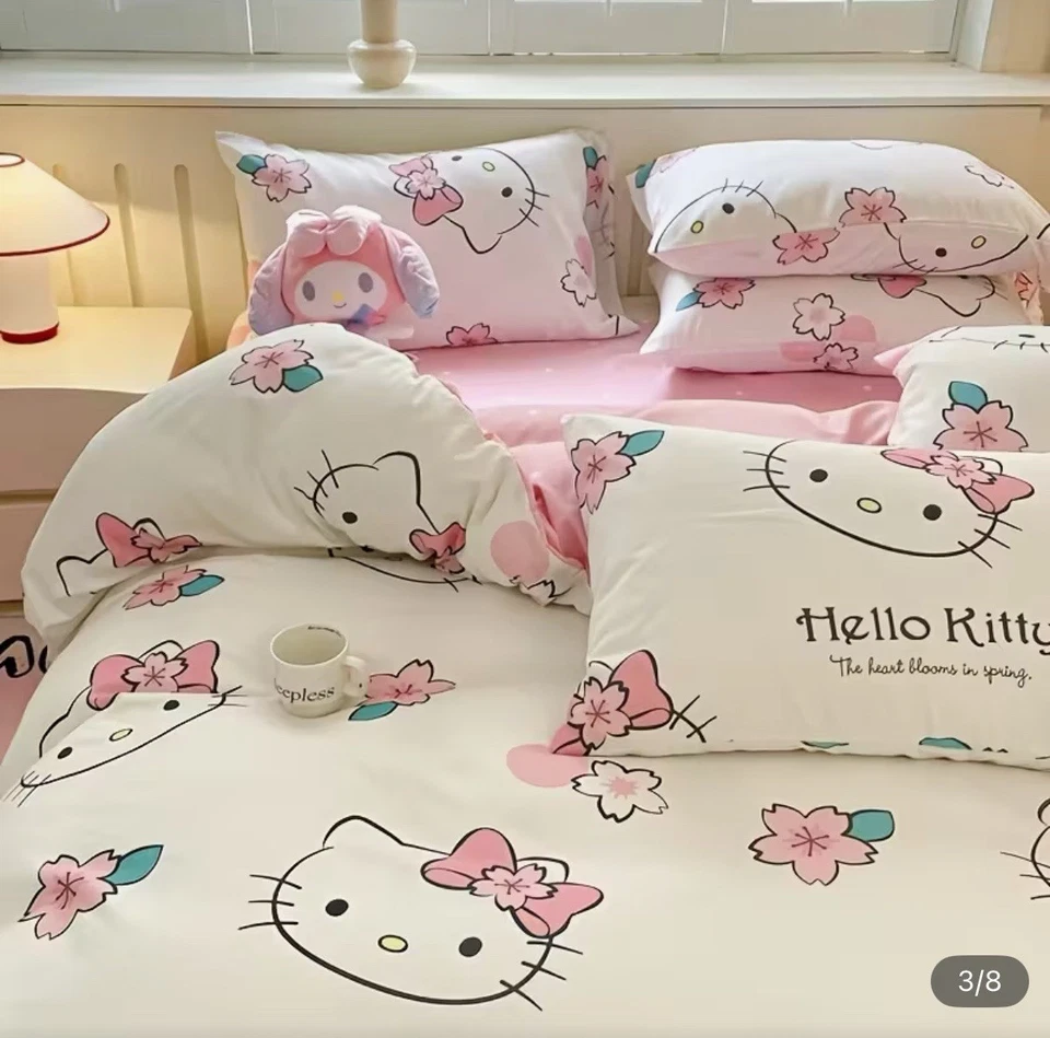 Juego de cama Hello Kitty Sanrio Kawaii nuevo funda nórdica doble fundas de almohada Foto 3 de 4