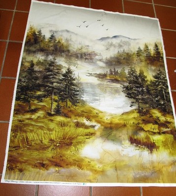 Misty Morning Bäume Berge Vögel  Patchworkstoff  Panel 90x110cm  Baumwolle