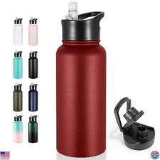 32 oz Insulated Stainless Steel Water Bottle, Leak Proof Straw & Spout Lid, Red