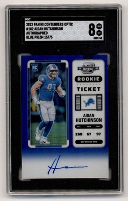 AIDAN HUTCHINSON 2022 CONTENDERS OPTIC SGC 8 ROOKIE BLUE PRIZM AUTO #15/75 T6673