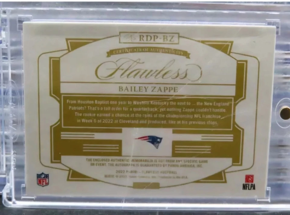 2022 Panini Flawless Bailey Zappe RPA Rookie Dual Patch Auto RC #20/25 Patriots - Image 2 of 2