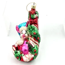 1997 Disney Santa's Best Piglet on Candy Cane Glitter Large Blown Glass Ornament