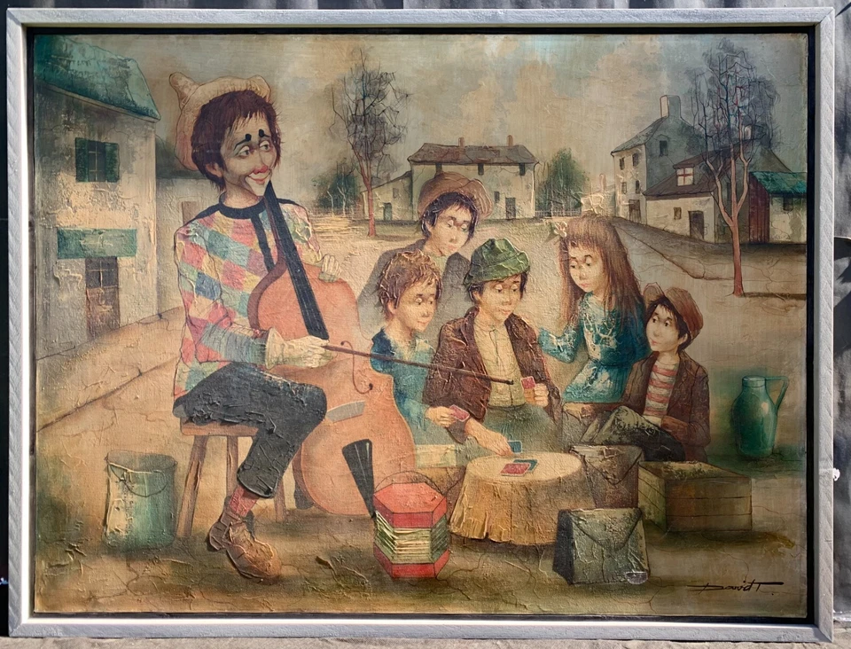 Pintura de género francesa vintage de mediados de siglo vista a la calle con payaso firmada por la familia Foto 2 de 4