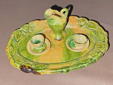 ANTIQUE GLAZED POTTERY MINIATURE DOLL TEA SET 6 PCS. GREEN YELLOW VARIEGATED