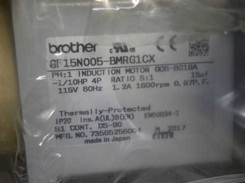 NEW Brother Induction Motor GF15N005-BMRG1CX PH:1 GOB-B019A 1/10hp 4P, Ratio 5:1 - Picture 3 of 9