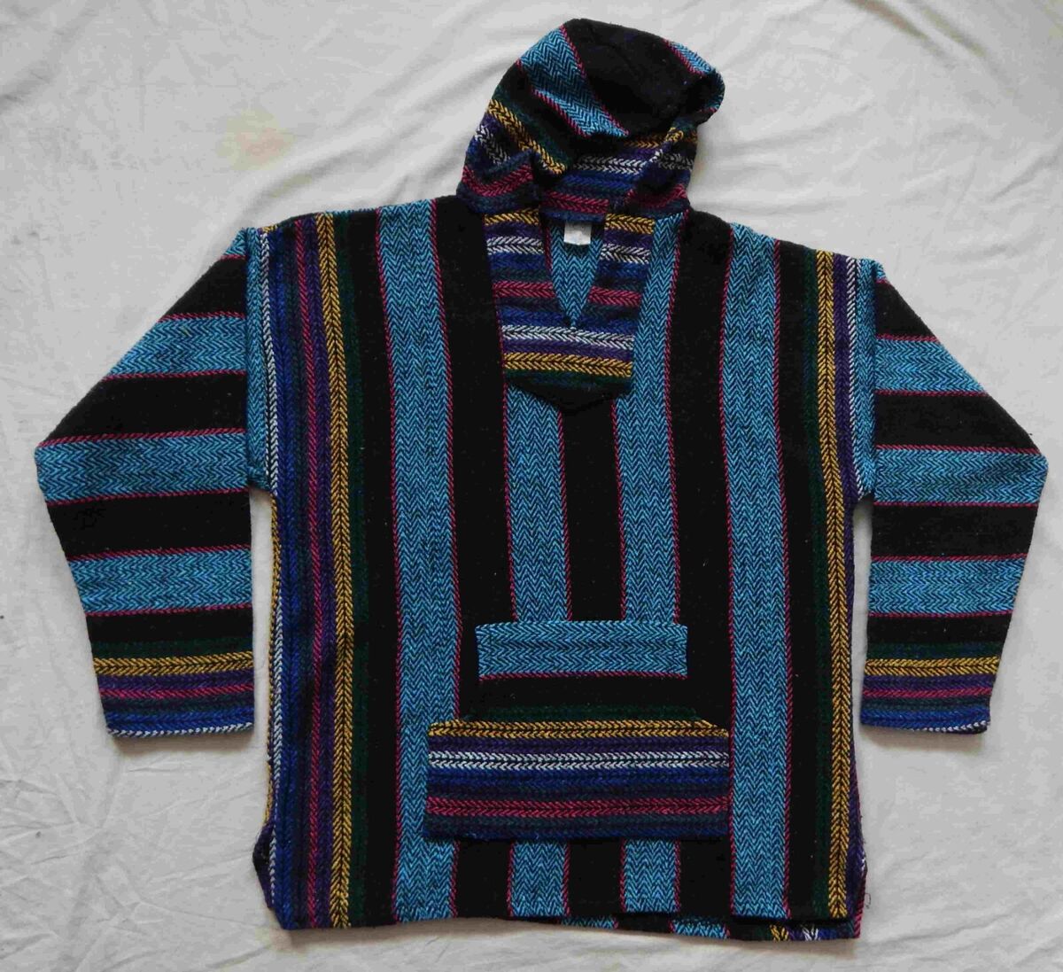 Blue Black Striped Baja Jacket - XL Mens Hippie Drug Rug Blue Black Striped Baja Jacket - XL Mens Hippie Drug Rug