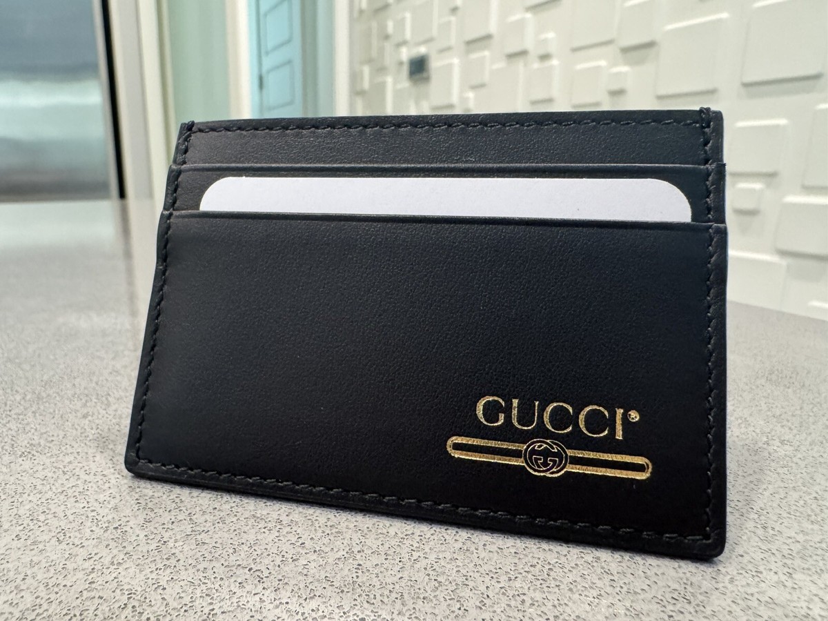 Authentic GUCCI Plutone Calfskin Logo Card Holder Black Brand New