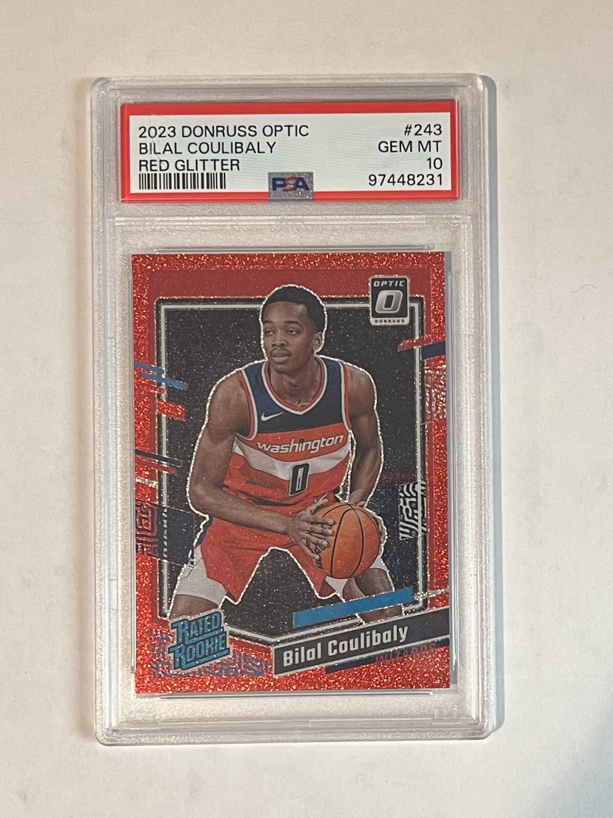 2023-24 Optic Bilal Coulibaly Red Glitter PRIZM PSA 10 Wizards 25/75 #243 POP 3