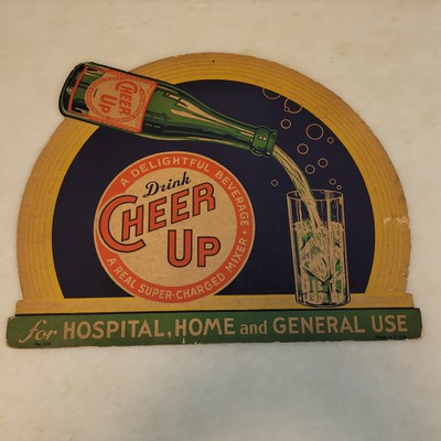 Vintage Sign Cheer Up Five Color 1930s Die Cut Easel Backed Soda RARE