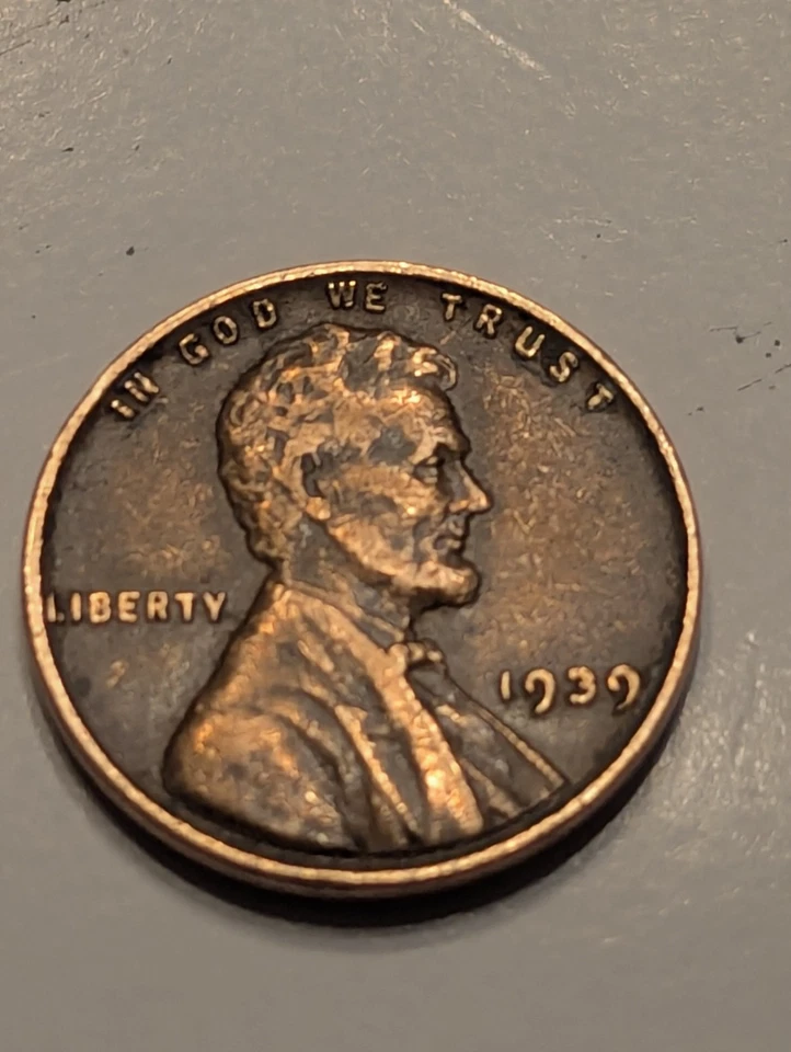 Lincoln Wheat 1939 centavo de cobre sin marca de ceca L toque borde error Foto 3 de 3