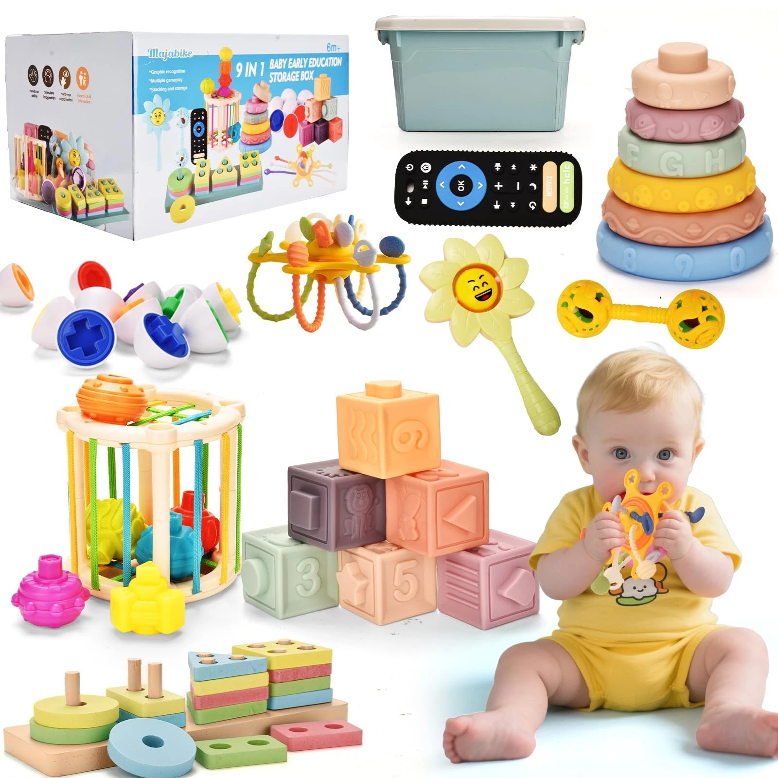 Baby Toys 6 to 12 Months 9 in 1 Montessori Teething Toys Sorting Sensory Educ...