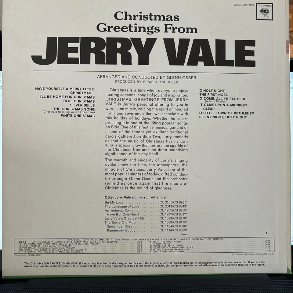 Christmas Greetings From Jerry Vale LP Columbia LE Stereo AUTOGRAPHED! - Image 2 of 4