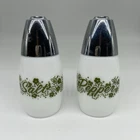 Vtg Gemco Green Crazy Daisy Salt and Pepper Shakers - Pyrex Corelle Milk Glass