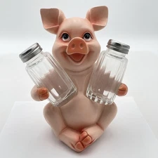 Pig Salt and Pepper Shaker Holder Resin Figure Glass Shakers Farmhouse Kitchen