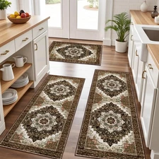 100% Non Slip Kitchen Rugs Sets of 3 Washable Boho Kitchen Mats for Floor Vin...