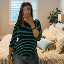 Ann Taylor Loft Petite Teal/Navy Stripe Blue Boat Neck Sweater XS Petite