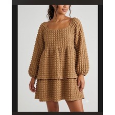 Simply Southern Bubble Knit Tiered Dress Tan Popcorn Texture Long Sleeve Large