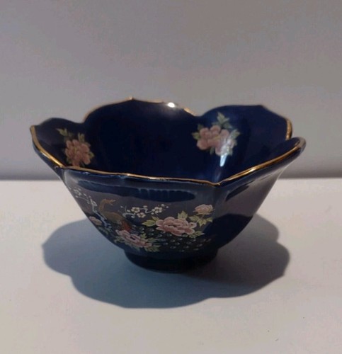 Vintage Artmark Japan Cobalt Blue Lotus Bowl Gold Peacock Floral Rice Bowl