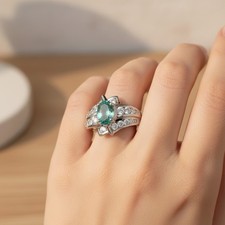 SPARKLING GREEN EMERALD OVAL 925 STERLING SILVER HANDMADE WHITE GOLD FINE RINGS