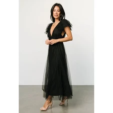 Baltic Born Size M Black Anabella Tulle Dress Maxi Ruffle Sleeve Party Evening