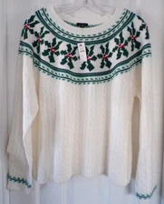 NWT NEW TALBOTS SIZE XL CHRISTMAS HOLIDAY HOLLY YOKE SWEATER IVORY MULTI $109.00