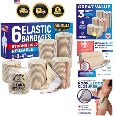 High-Performance Elastic Bandage Wrap - 6 Pack 2x2in, 2x3in, 2x4in - Self-Clo...