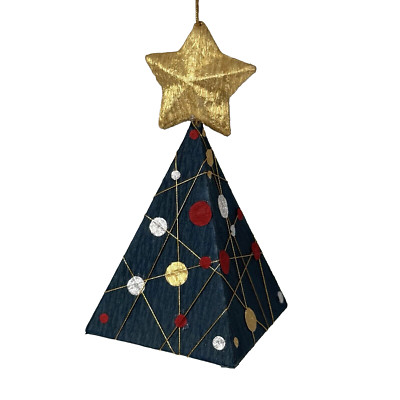 Balsa Wood Christmas Tree Ornament 3D Green Embellished Gold Star 4 Sided