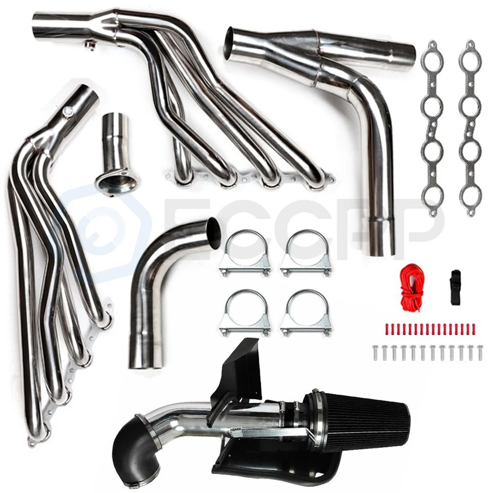 For 99-06 Chevy GMC GMT800 Long Tube Exhaust Headers Kit + 4" Cold Air Intake Foto 2 de 4