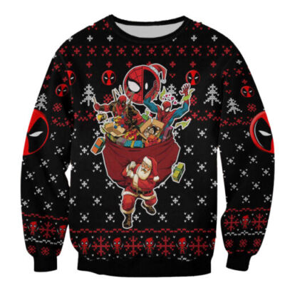 Santa Claus Carry Deadpool Spiderman In Xmas Bag Premium3D SWEATER  Christmas