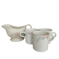 Pfaltzgraff set of Tea Rose Gravy Boat and 3 mugs Pink Blue Floral Stoneware