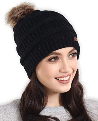 Women's Knitted Beanie With Faux Fur Pom Pom – Warm Winter Hat For Skiing, Running, Casual Wear