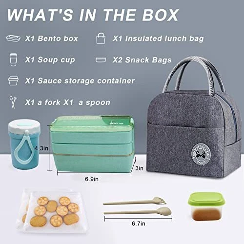 Bento Box Kit,Japanese Lunch Box 3-In-1 Compartment,Leakproof 3 Layer Lunch
