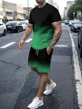 Men Summer Outfit 2-Piece Set Short Sleeve Shirt and Shorts Sweatsuit Set