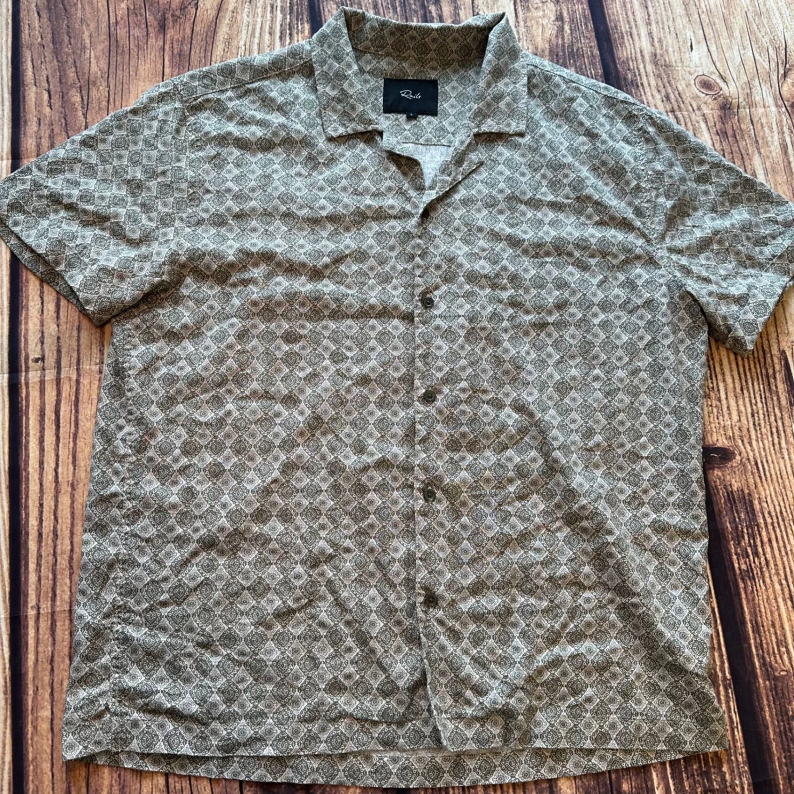 Rails Mens Atlas Diamond Oat Olive Linen Blend Short Sleeve Shirt Large RM-210A