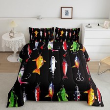 Fish Comforter Set Colorful Fish Bedding Queen Size Fish Hook Fishing Theme B...