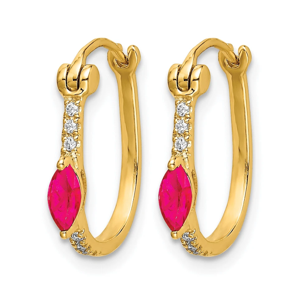 14k 1/20 carat Diamond and 5x2.5mm Marquise Ruby Hinged Hoop Earrings EM5603 - Image 2 of 4