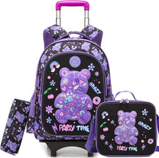 Rolling Backpack for Girls Backpack with Wheels for School Kids Cute Bear Kids W