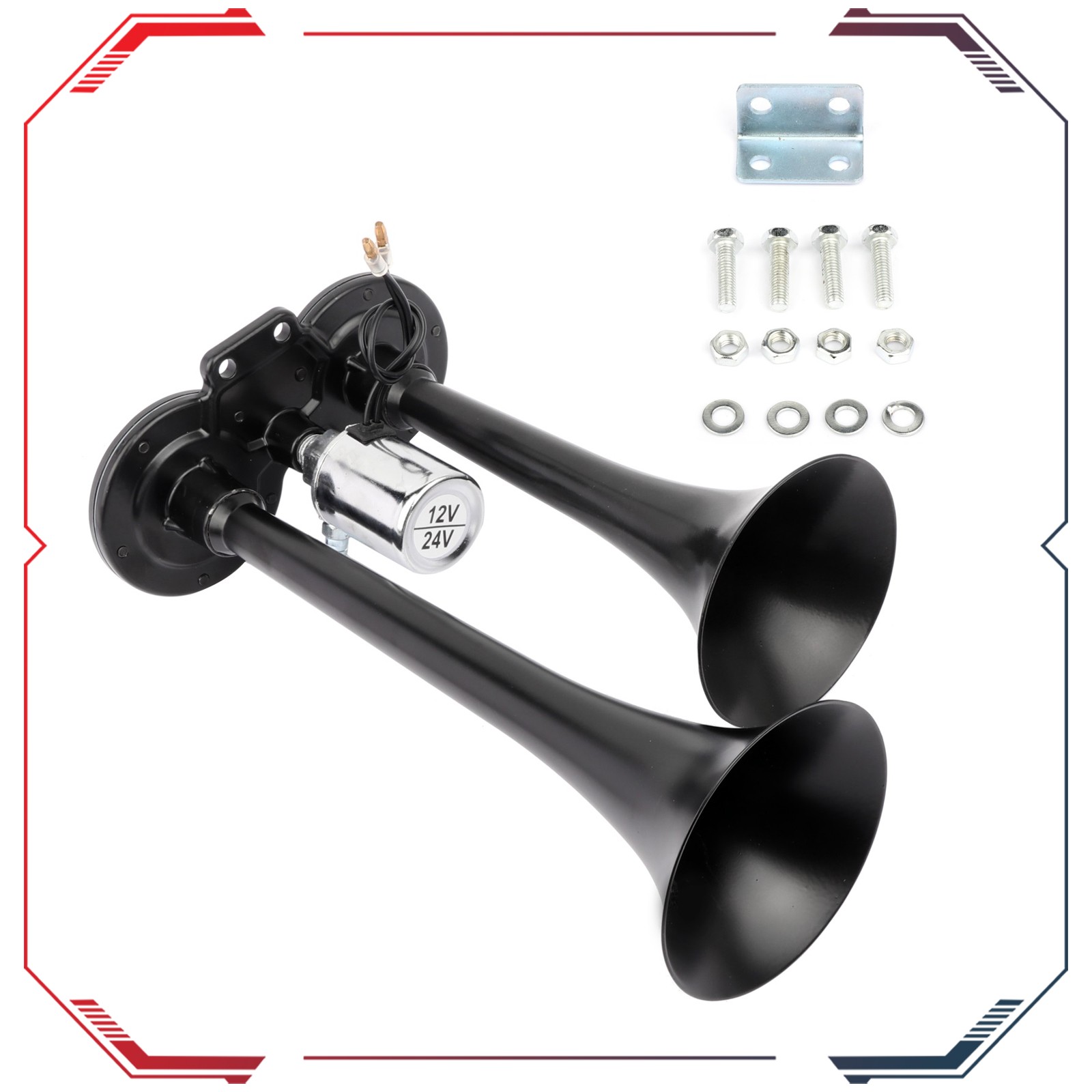 135 DB Dual Trumpet Black Deep Loud Train Air Horn Kit For Car RV Boat Truck