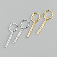 925 Sterling Silver Straight Bar CZ Hoop Dangle Drop Earrings