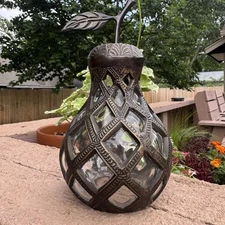 VTG Brass Pear-Shaped Candle Cover – 8” Lattice Lantern w/ Clear Glass Insert