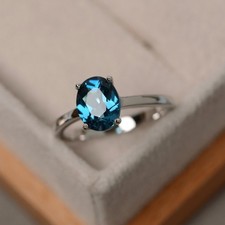 2CT Blue Topaz 925 Silver Plated Oval Solitaire Ring Birthday Gift