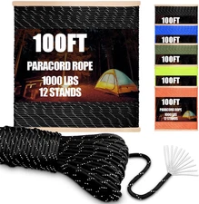 Paracord Rope 1000 Lb 4Mm 12 Strand Parachute Cord 100Ft Reflective Black Paraco