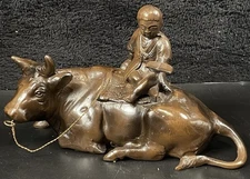 Antique Japanese Cast Bronze Statue Of A Bull With Riding Boy Vintage 12" x 7"